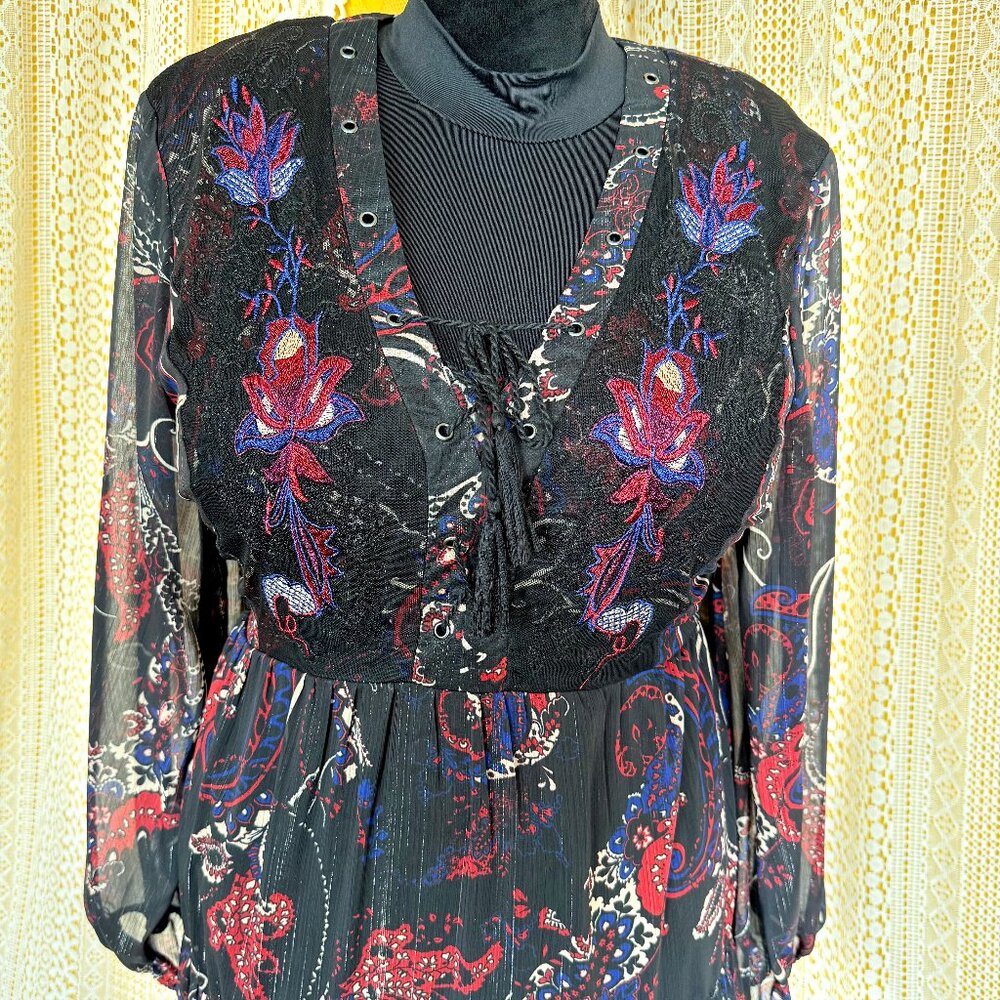 Reba Black Lace Up Paisley Print Metallic Bohemian Embroidered Maxi Dress XL - Picture 5 of 17